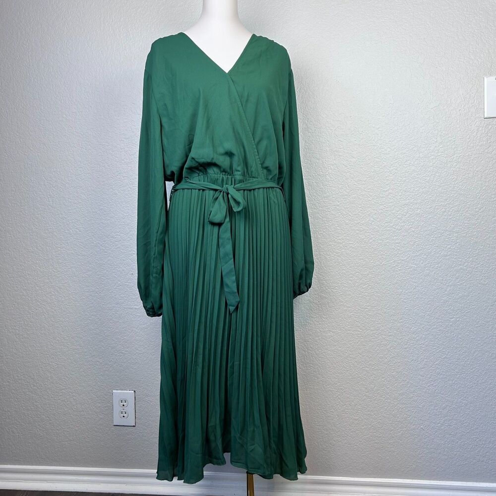 PrettyGarden Women's Midi Dress Green Long Puff Sleeve V Neck Wrap Size XXL